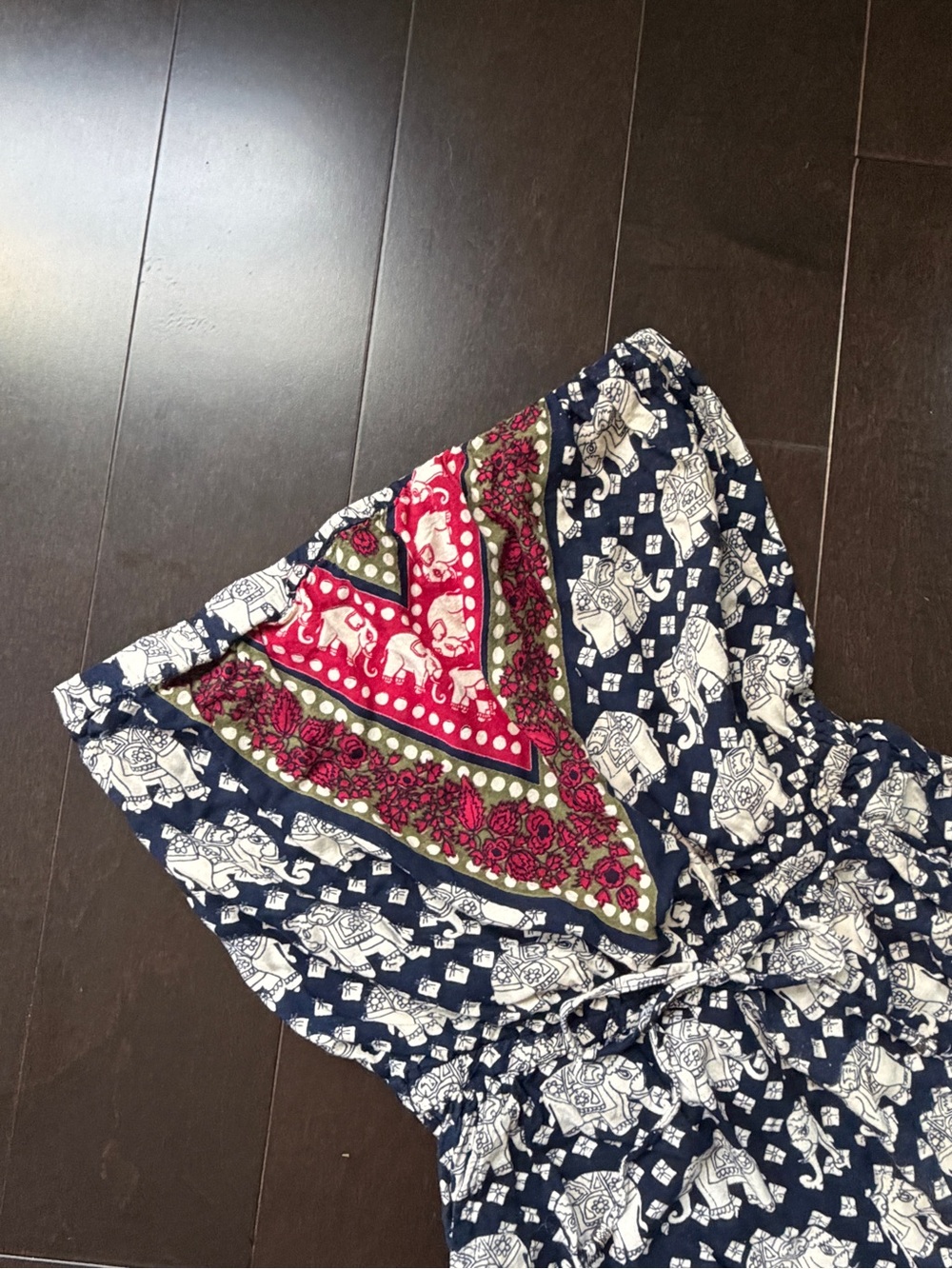 Angie Navy Blue Elephant Print Strapless Romper with Red Bandana Accent